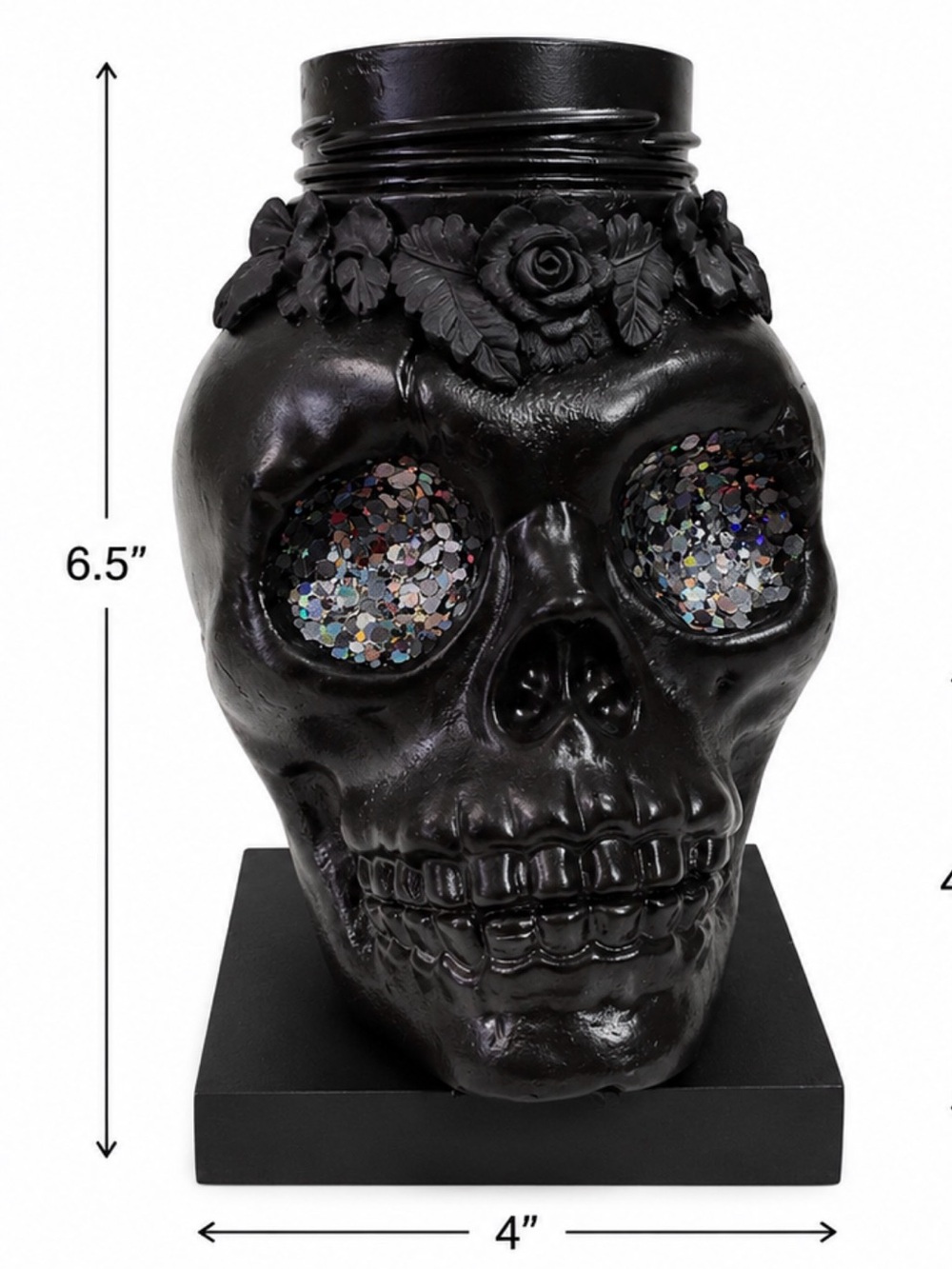 Black Decorative Skull Sculpture with Glitter Eyes Vase Makeup Brush Storage - Picture 3 of 4